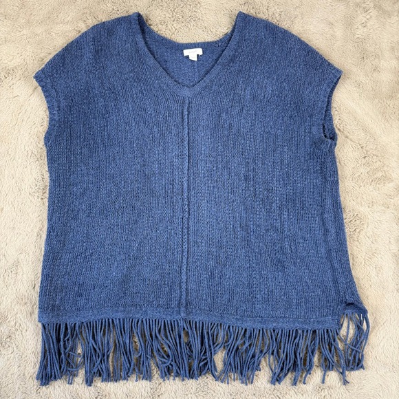 Pure Jill Fringe Sweater Vest Sleeveless Knit Blue Boho Chic Size S Oversize Box - Picture 1 of 8